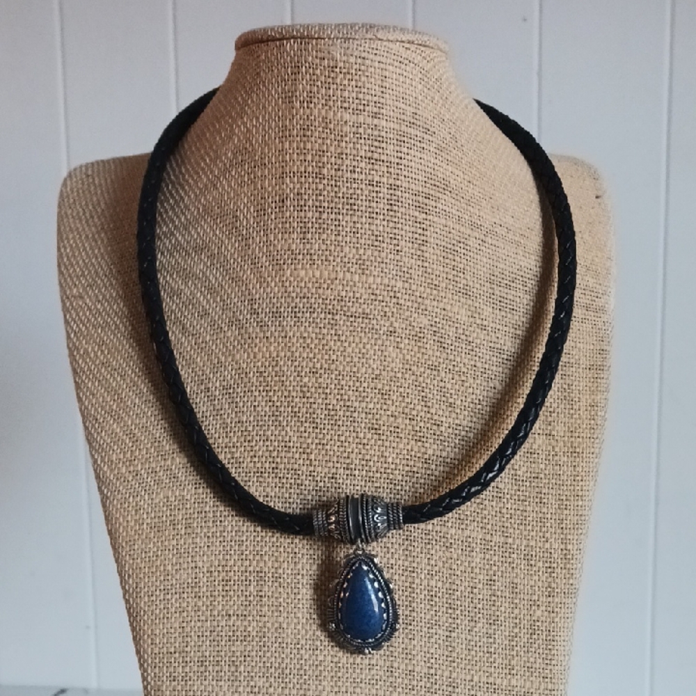 American West Braided Leather W Denim Lapis Pendant Necklace W Box.